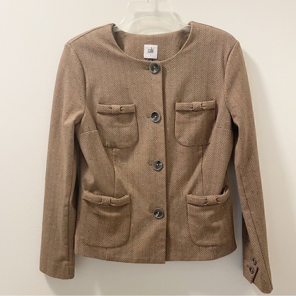 CAbi Tan Herringbone Collarless Blazer Jacket